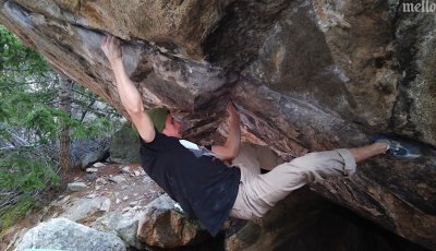 Zach Galla in “The Game” bouldering in RMNP